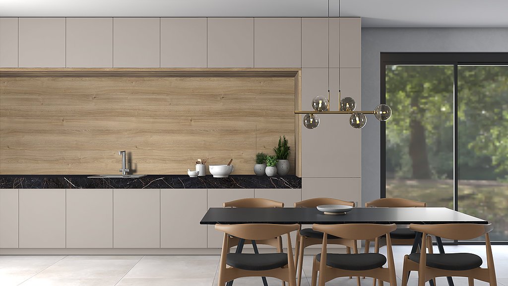Kitchen design: Karlstadt, Firestone and UNI Sandgrau
